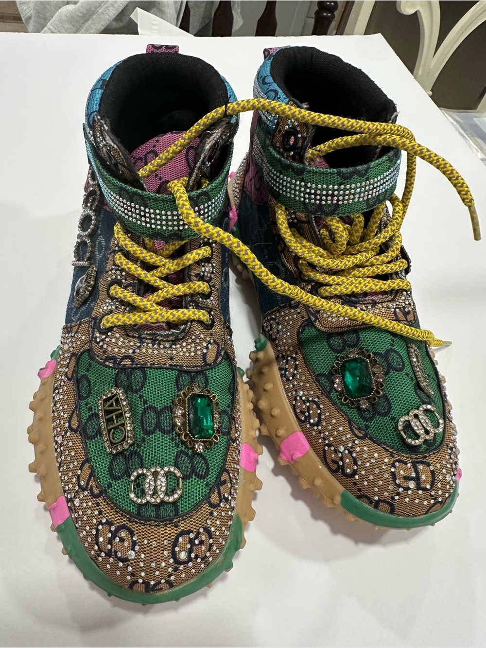 Green Multicolor Embellished High-Top Fashion Sneakers